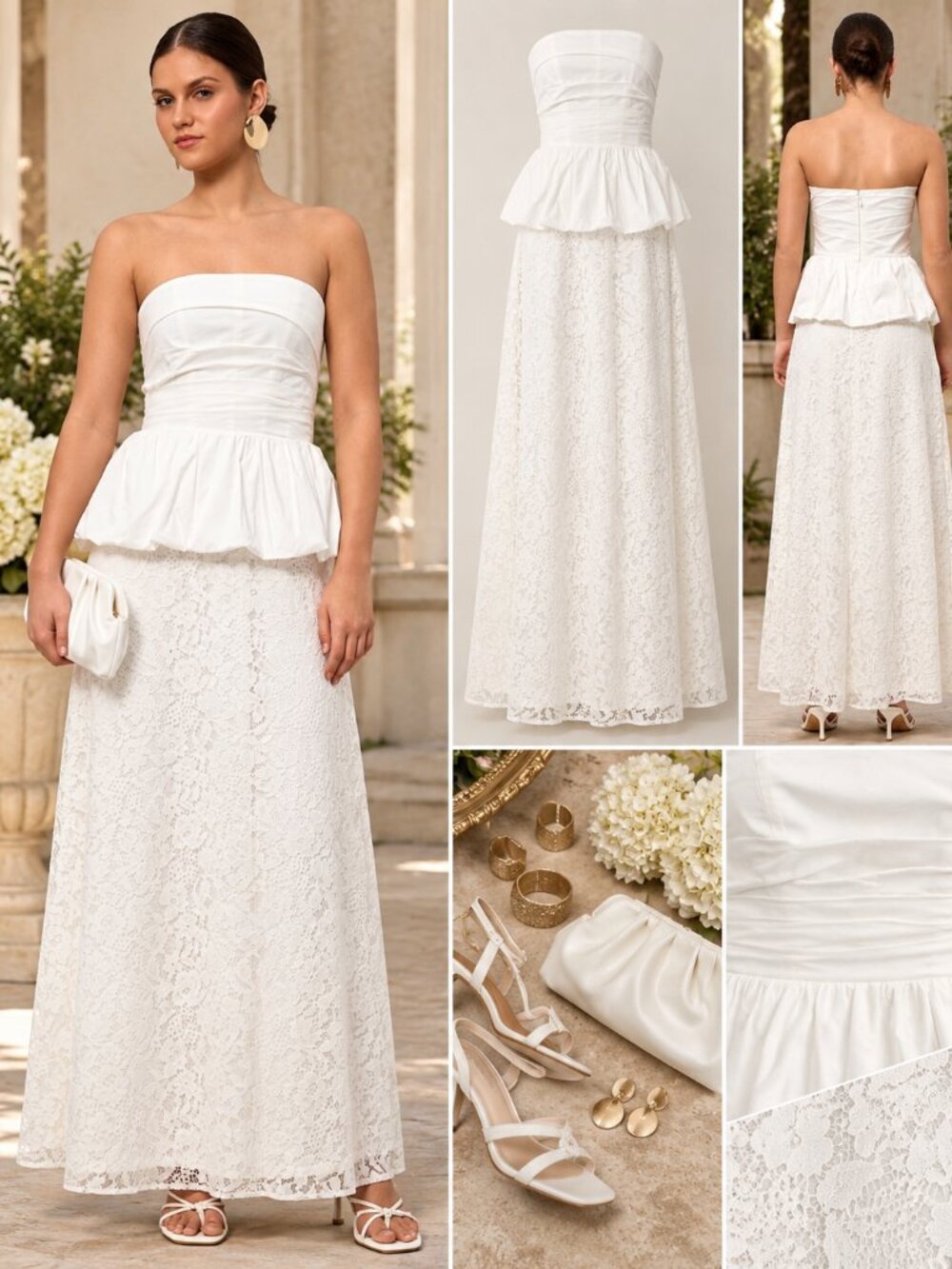 RACHEL Rachel Roy Odette White Strapless Lace Peplum Maxi Dress 8 NWT
